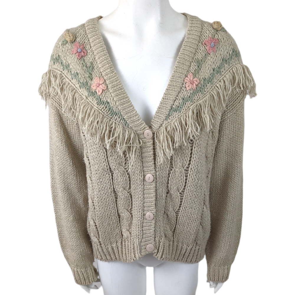 Vintage 80s Fringe Cable Knit Cardigan Sweater Womens M Oversized Crochet Floral